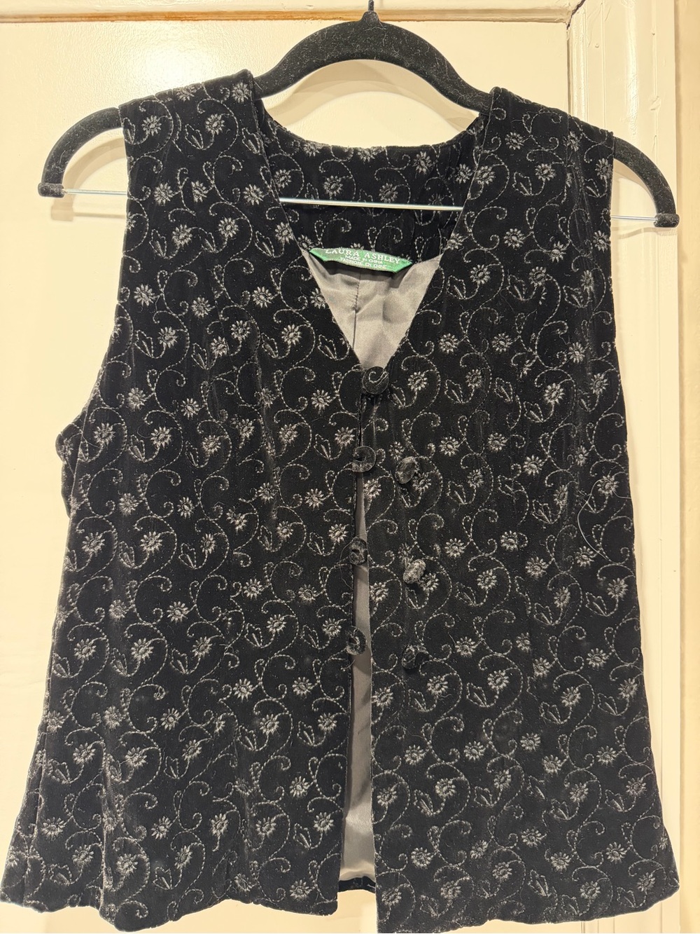 Vintage Laura Ashley Black Embroidered Velvet Button-Front Vest